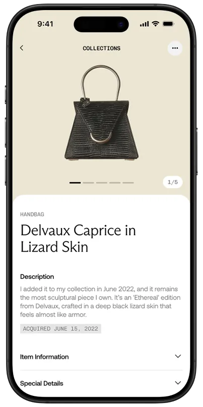 Ethereal app screen showing an item's documentation and ownership history