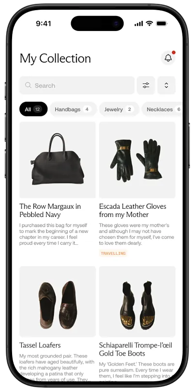 Ethereal app screen showing items categorised and arranged