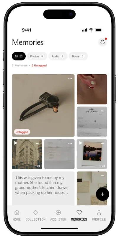 Ethereal app screen showing an item profile with photos and notes